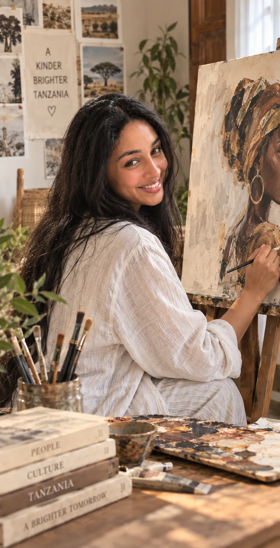 Noura painting in her studio