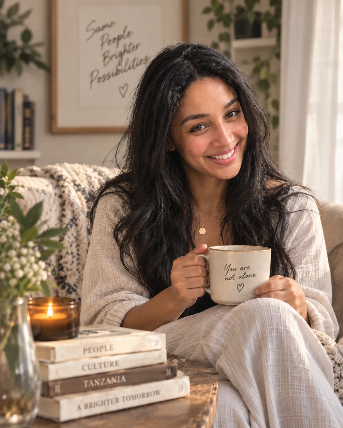 Noura sitting with a cup of tea, ready to talk
